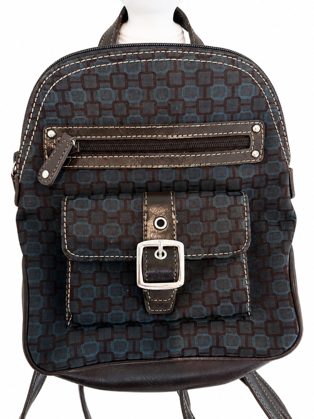 Vintage Nine West Black and Teal Patterned Backpack - Picture 2 of 4